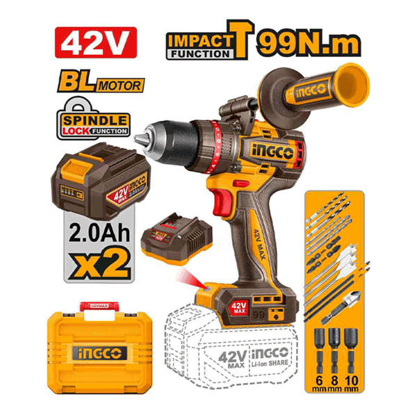 دریل پیچگوشتی شارژی چکشی براشلس 42 ولت اینکو مدل CIDLI429982